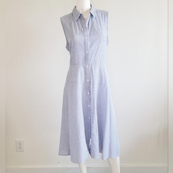 Dresses & Skirts - Womens Preppy Sleeveless Blue White Pinstripe Button-down Midi Dress Sz M